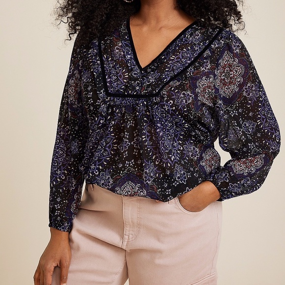 Maurices "NEW" Black Purple Whimsigoth Witchy Velvet Trim Peasant Blouse Size M - Picture 1 of 13